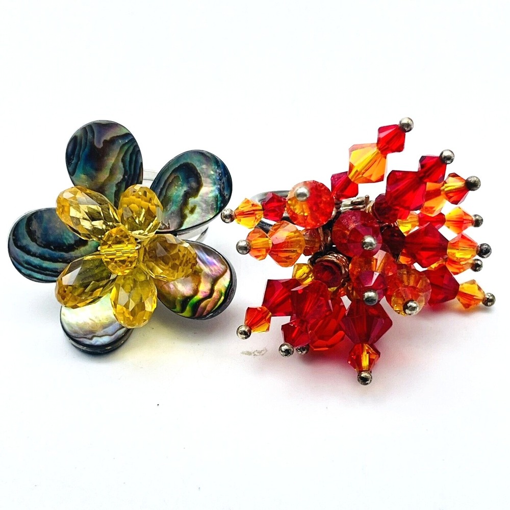 Silver Tone Beaded Rings Red Green Floral Fireworks Starburst Boho Festival